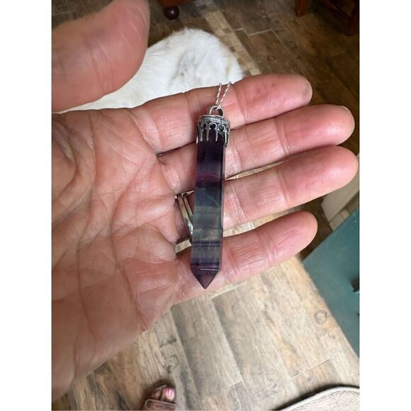 Necklace, Purple and Green Fluorite Pendant, Sterling Silver, NEW, Handmade, 18” - Picture 2 of 6